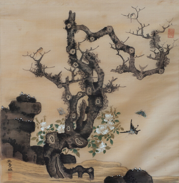 Schilderij getiteld "花鳥冊頁之茶梅翩躚" door Chen Jun Cao Tang Wu You, Origineel Kunstwerk, pigmenten