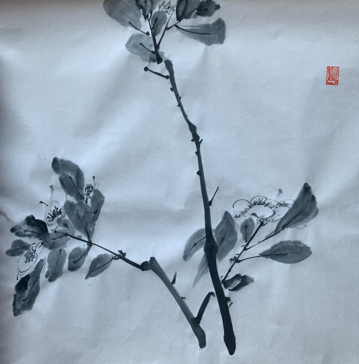 Peinture intitulée "八大花鳥冊頁之山茶" par Chen Jun Cao Tang Wu You, Œuvre d'art originale, Encre
