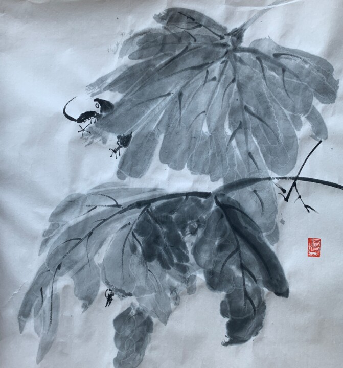 Peinture intitulée "八大花鳥冊頁之葡萄葉" par Chen Jun Cao Tang Wu You, Œuvre d'art originale, Encre