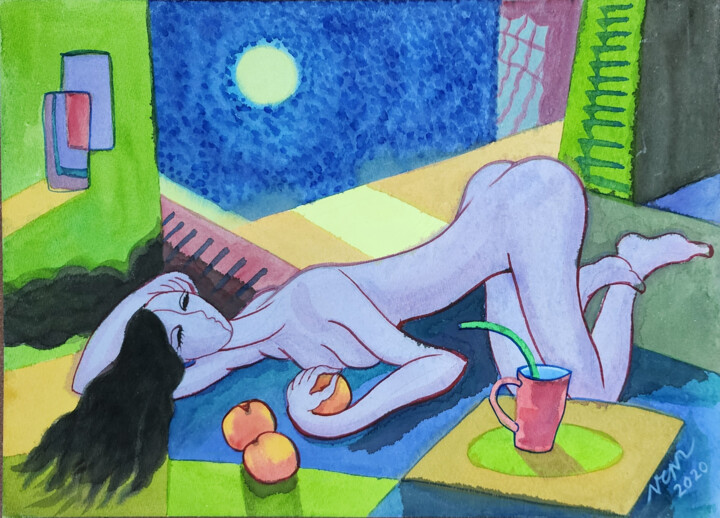 Картина под названием "Nude under the moon" - Chi Nguyen, Подлинное произведение искусства, Акварель