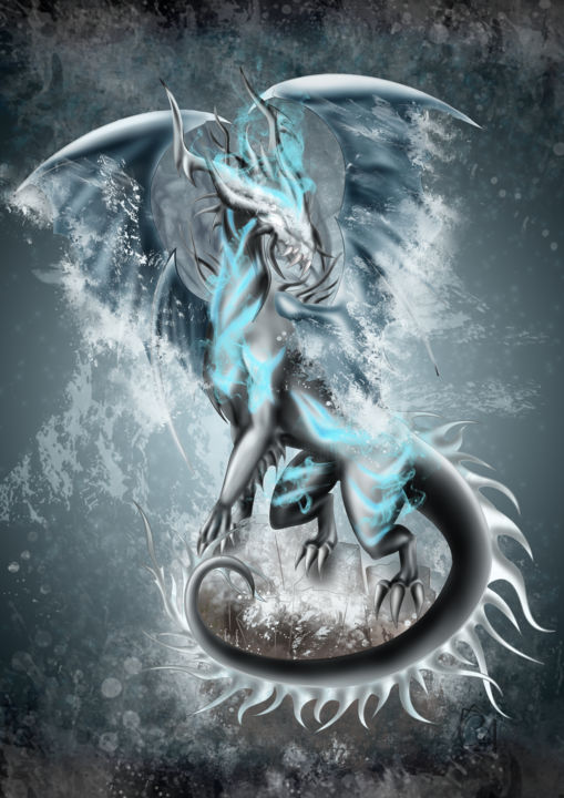 Digital Arts titled "Dragon de Glace" by Chloé A., Original Artwork, Digital Painting