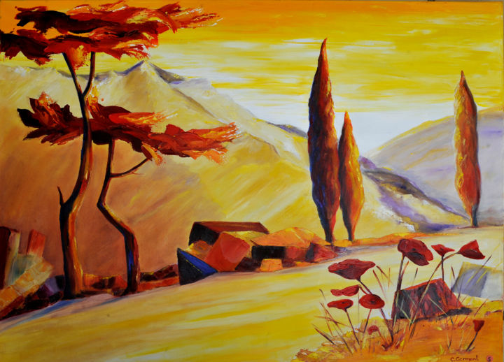 Painting titled "Chemin Matinal" by Christine Germant, Original Artwork, Oil Mounted on Wood Stretcher frame