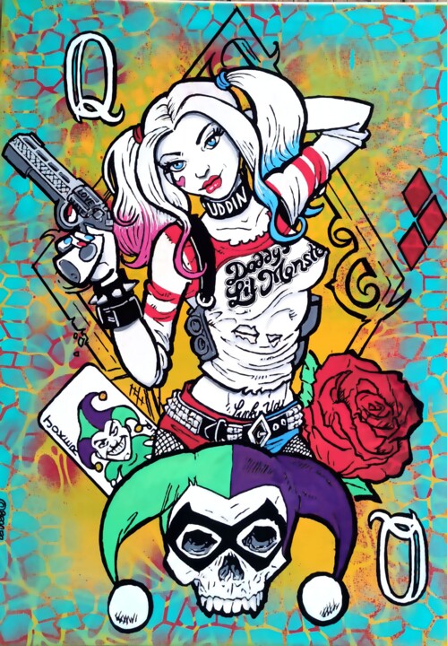 Malerei mit dem Titel "Harley Quinn" von Christian Berger, Original-Kunstwerk, Acryl Auf Keilrahmen aus Holz montiert