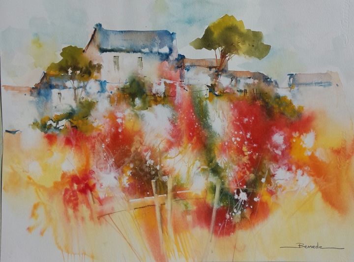 Peinture intitulée "Rêverie en rouge" par Christian Bessede, Œuvre d'art originale, Aquarelle