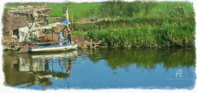 Painting titled "Bateau sur le canal…" by Christian Boulad (Xian), Original Artwork, Oil