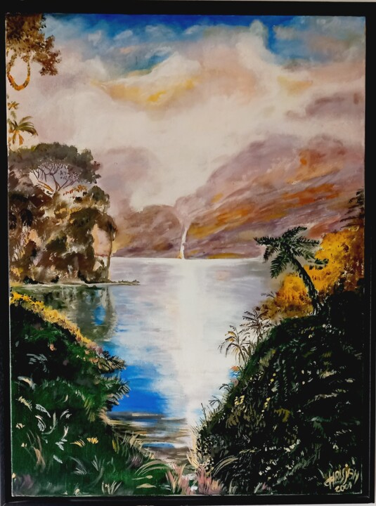 제목이 "AMAZONIE HUILE"인 미술작품 Christian Garnier로, 원작, 아크릴 나무 들것 프레임에 장착됨