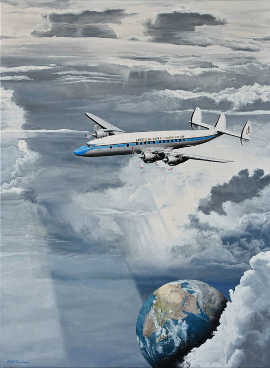 Painting titled "Super Constellation" by Christian Girault, Original Artwork, Oil Mounted on Wood Stretcher frame
