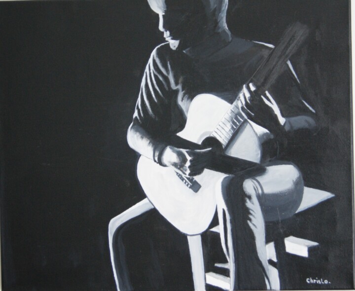 Painting titled "Le guitariste" by Christian Lopez (Chrislo), Original Artwork, Oil Mounted on Wood Stretcher frame