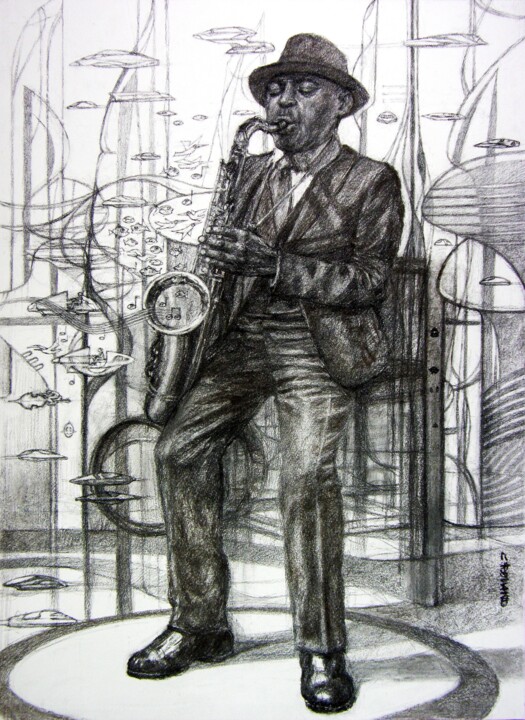Dibujo titulada "fusain jazz 34" por Christian Rolland, Obra de arte original, Carbón
