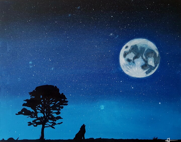 Peinture intitulée "Loup lunaire" par Christianréa Art, Œuvre d'art originale, Acrylique Monté sur Châssis en bois