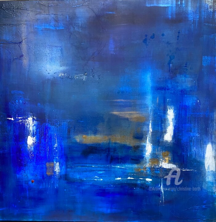 제목이 "Dans la nuit bleutée"인 미술작품 Christine Barth Mroz로, 원작, 아크릴 나무 들것 프레임에 장착됨