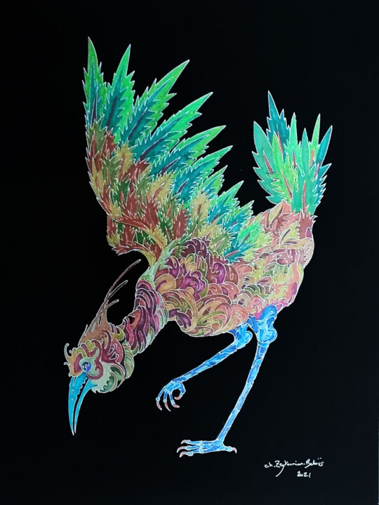 Dibujo titulada "Oiseau arlequin" por Christine Zeytounian-Belous, Obra de arte original, Lápiz