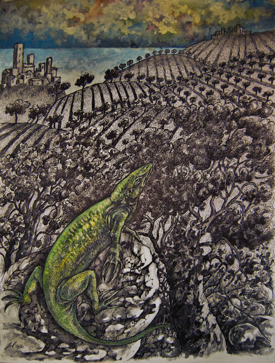 Drawing titled "Le lézard" by Christophe Gol, Original Artwork, Gouache