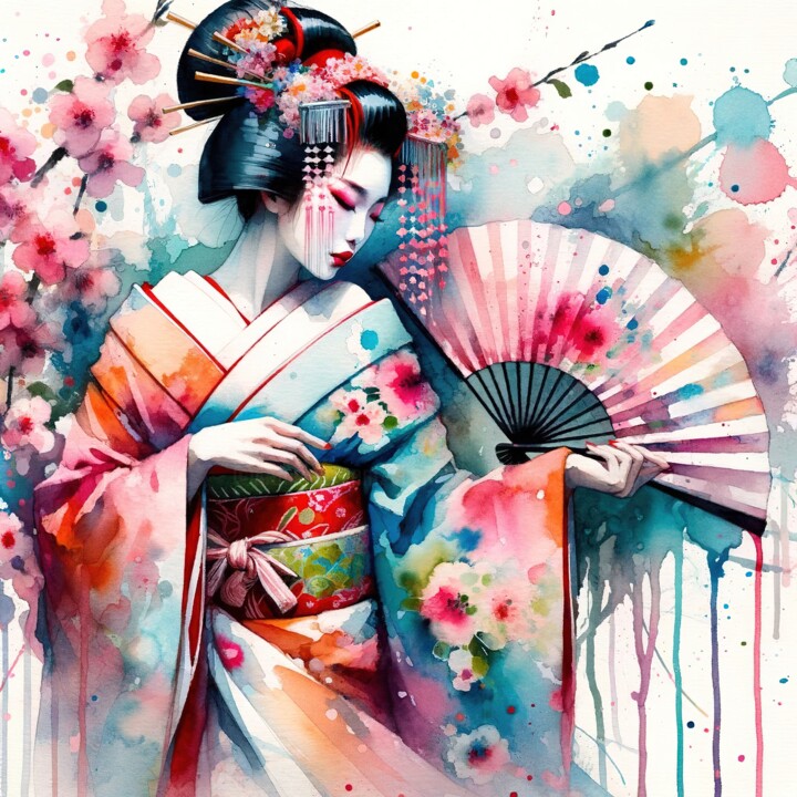 Grafika cyfrowa / sztuka generowana cyfrowo zatytułowany „Watercolor Geisha D…” autorstwa Chromatic Fusion Studio, Oryginaln…
