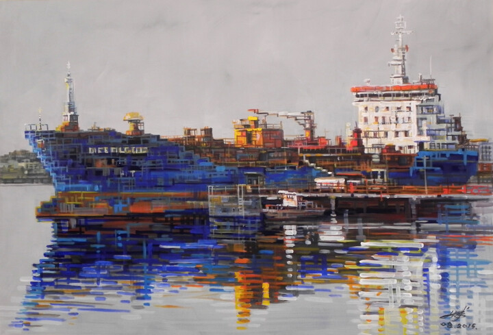 Painting titled "Oil-Tanker 油轮" by Chunlei Zhang, Original Artwork, Acrylic