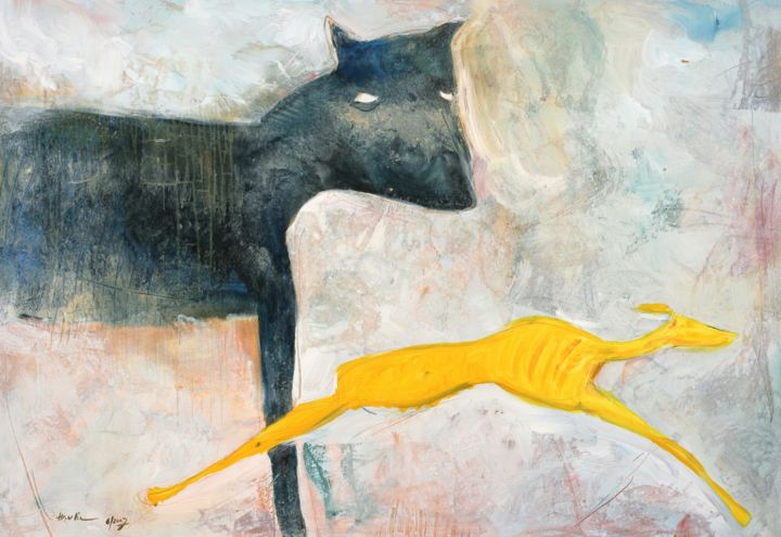 Painting titled "Yellow Dog" by Jiri Havlik, Original Artwork, Acrylic