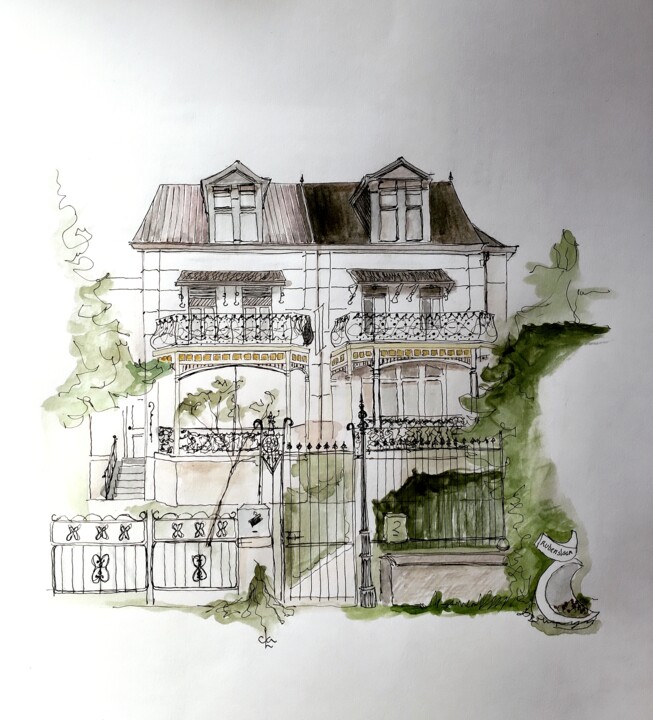 Drawing titled "Villa Roumanie" by Cla Portraits, Original Artwork, Ink