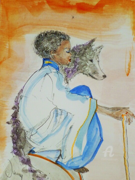 Zeichnungen mit dem Titel "Afrika Child mit Wo…" von Claire, Original-Kunstwerk, Aquarell
