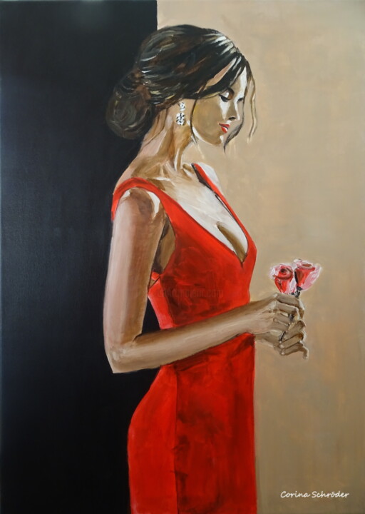 Pintura titulada "Lady in red" por Corina Schröder, Obra de arte original, Acrílico Montado en Bastidor de camilla de madera
