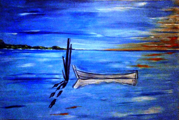 Painting titled "Barque sur l'étang…" by Claude Degret, Original Artwork, Acrylic