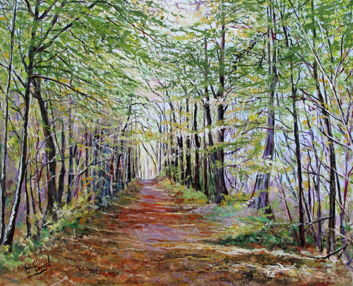 Painting titled "L'ALLEE FORESTIERE…" by Claude Evrard, Original Artwork, Oil Mounted on Wood Stretcher frame