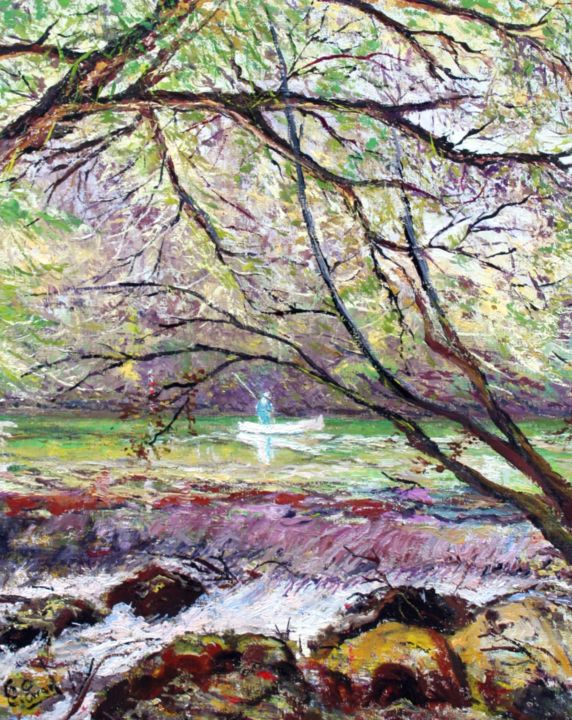 Painting titled "La rivière sous les…" by Claude Evrard, Original Artwork, Oil Mounted on Wood Stretcher frame