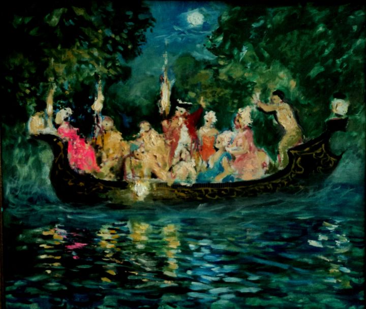 Peinture intitulée "La barque aux espri…" par Claude Hardenne, Œuvre d'art originale, Huile