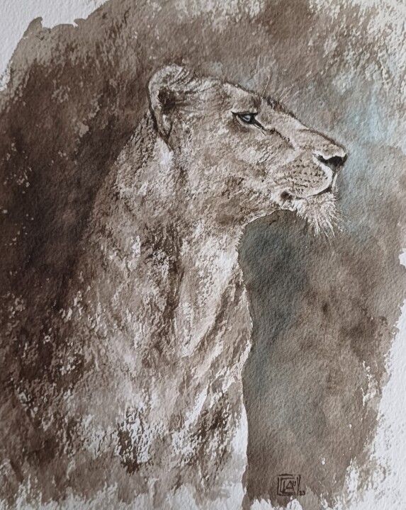 Painting titled "Lionne" by Claude Legrain, Original Artwork, Watercolor