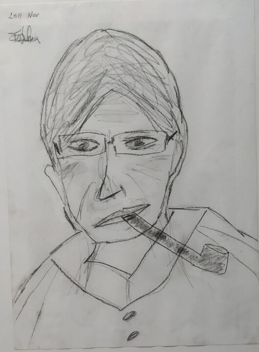 Dessin intitulée "Homme avec la pipe" par Claudia Moro, Œuvre d'art originale, Fusain Monté sur Panneau de bois