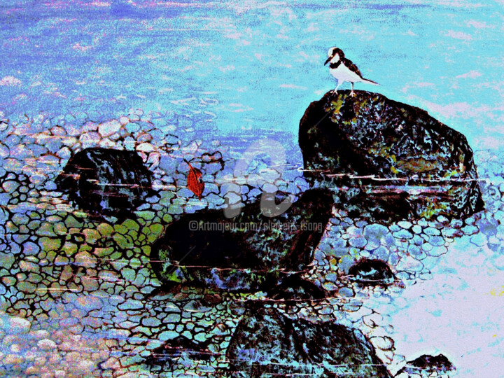 Schilderij getiteld "Birds on the Rock" door Clement Tsang, Origineel Kunstwerk, Olie