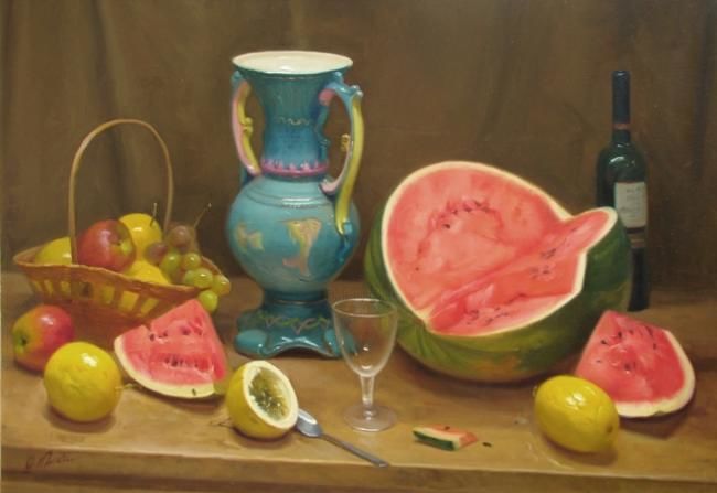 Pintura intitulada "Melancia com Vaso d…" por Clodoaldo Martins, Obras de arte originais, Óleo