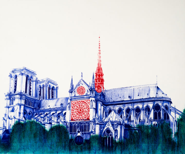 Drawing titled "Notre Dame" by Cm2t, Original Artwork, Ballpoint pen