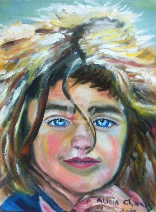 Pittura intitolato "Blue eyes kurdish g…" da Alicia Charnis, Opera d'arte originale, Olio