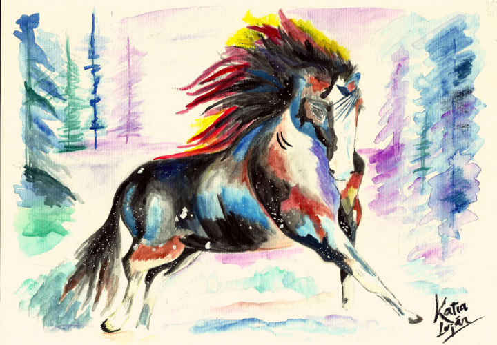 Schilderij getiteld "stallion-on-fire-00…" door Katia Luján, Origineel Kunstwerk, Aquarel
