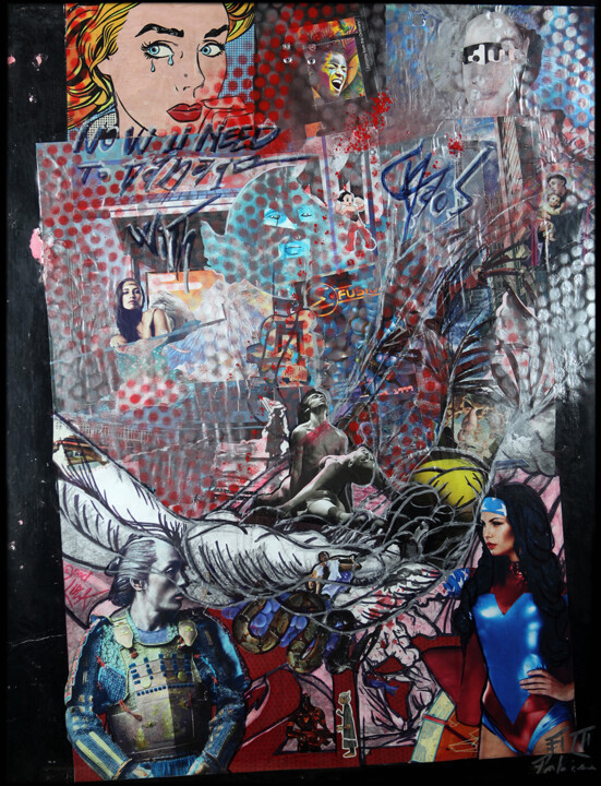 Collages titled "Wonder woman Vs Jin…" by Antoine-Emmanuel Rousselle-Laurent, Original Artwork, Collages