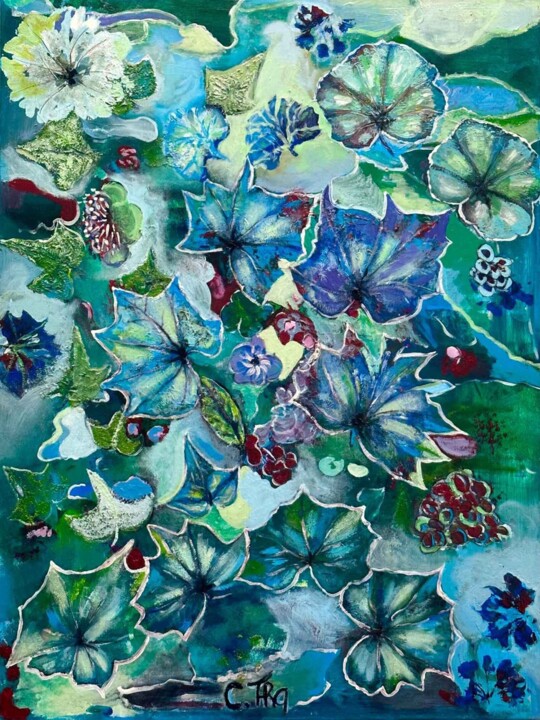 绘画 标题为“Bleu végétal” 由Corinne Thinque, 原创艺术品, 丙烯 安装在木质担架架上