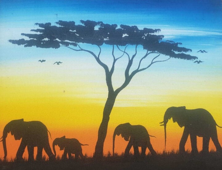 Painting titled "Sunset elephants" by Cornelius Mugisha, Original Artwork, Acrylic