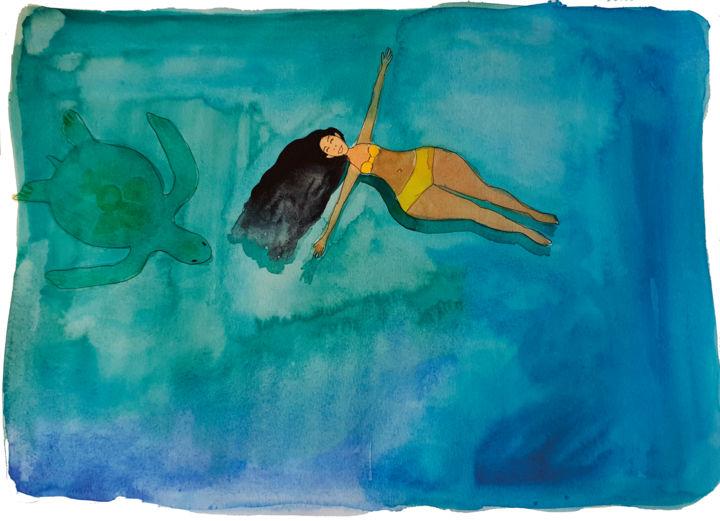 Peinture intitulée "La femme et la tort…" par Barbara Colas, Œuvre d'art originale, Aquarelle