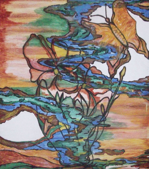 Pintura titulada "Jarrón con mariposas" por Miosotis, Obra de arte original
