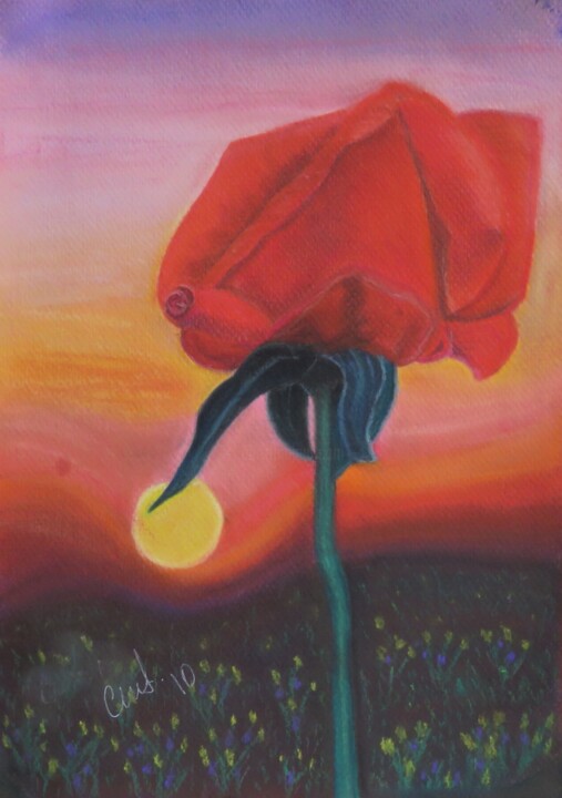 Painting titled "A rosa e o pôr de s…" by Cristina Teixeira, Original Artwork, Pastel