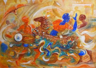 Painting titled "Village Folk Dance" by D Dakshinamoorthy, Original Artwork