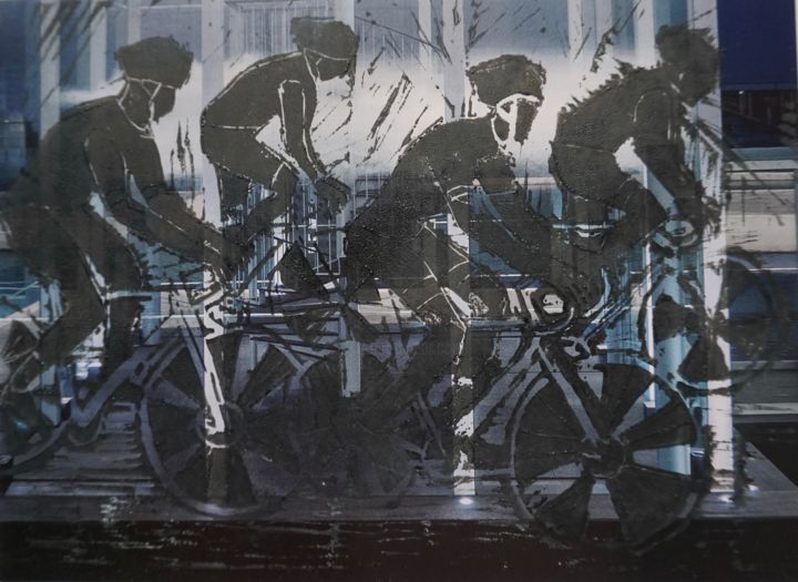 Estampas & grabados titulada "vélos noir et bleu" por Dominique Duhot, Obra de arte original, Grabado