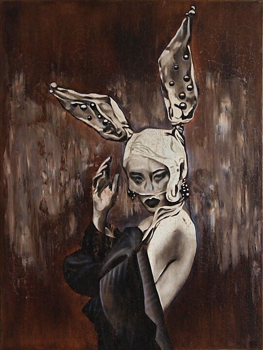 Painting titled "Burlesque Bunny Que…" by Daheaven Art, Original Artwork, Oil Mounted on Wood Stretcher frame