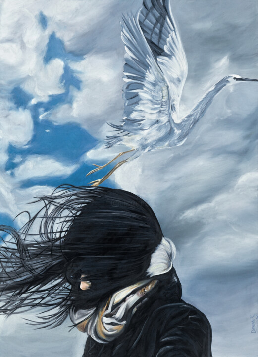 Painting titled "Taking flight" by Damian Smith, Original Artwork, Oil Mounted on Wood Stretcher frame