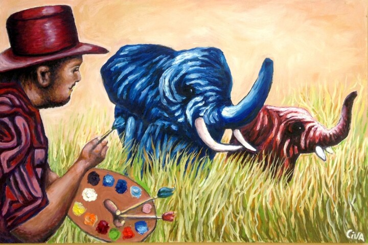 Peinture intitulée "Colored elephants a…" par Dan Civa, Œuvre d'art originale, Huile