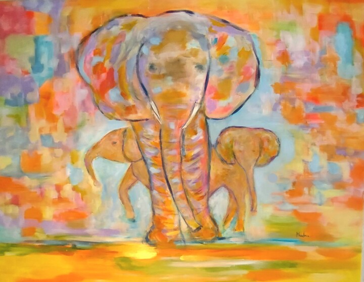 Painting titled "Éléphants colorés" by Dana Art, Original Artwork, Acrylic