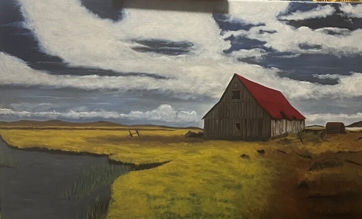 Painting titled "Old red roofed barn…" by Flatty, Original Artwork, Oil