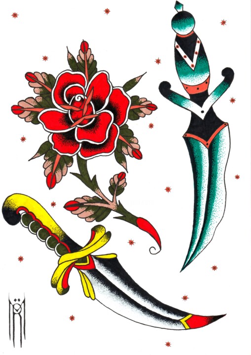 Rysunek zatytułowany „Rose And Daggers Fl…” autorstwa Daniel Ströfer, Oryginalna praca, Marker