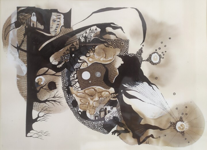 Dibujo titulada "Enluminure" por Danielle Lequin, Obra de arte original, Tinta Montado en Vidrio