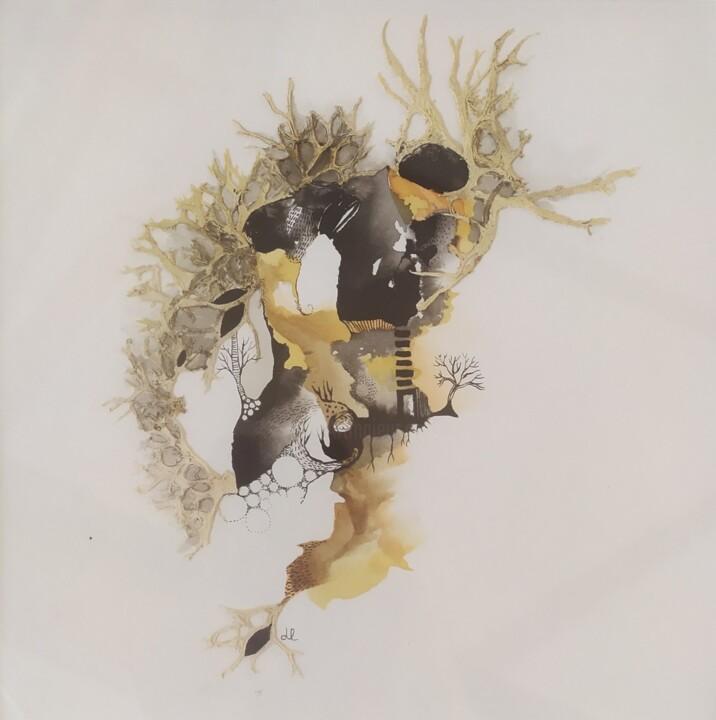 Dibujo titulada "Histoire de Lichens…" por Danielle Lequin, Obra de arte original, Tinta Montado en Vidrio